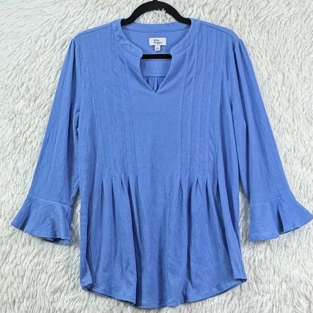 Kim Rogers Blue Pleated Bell Sleeve Tunic Top Size Medium